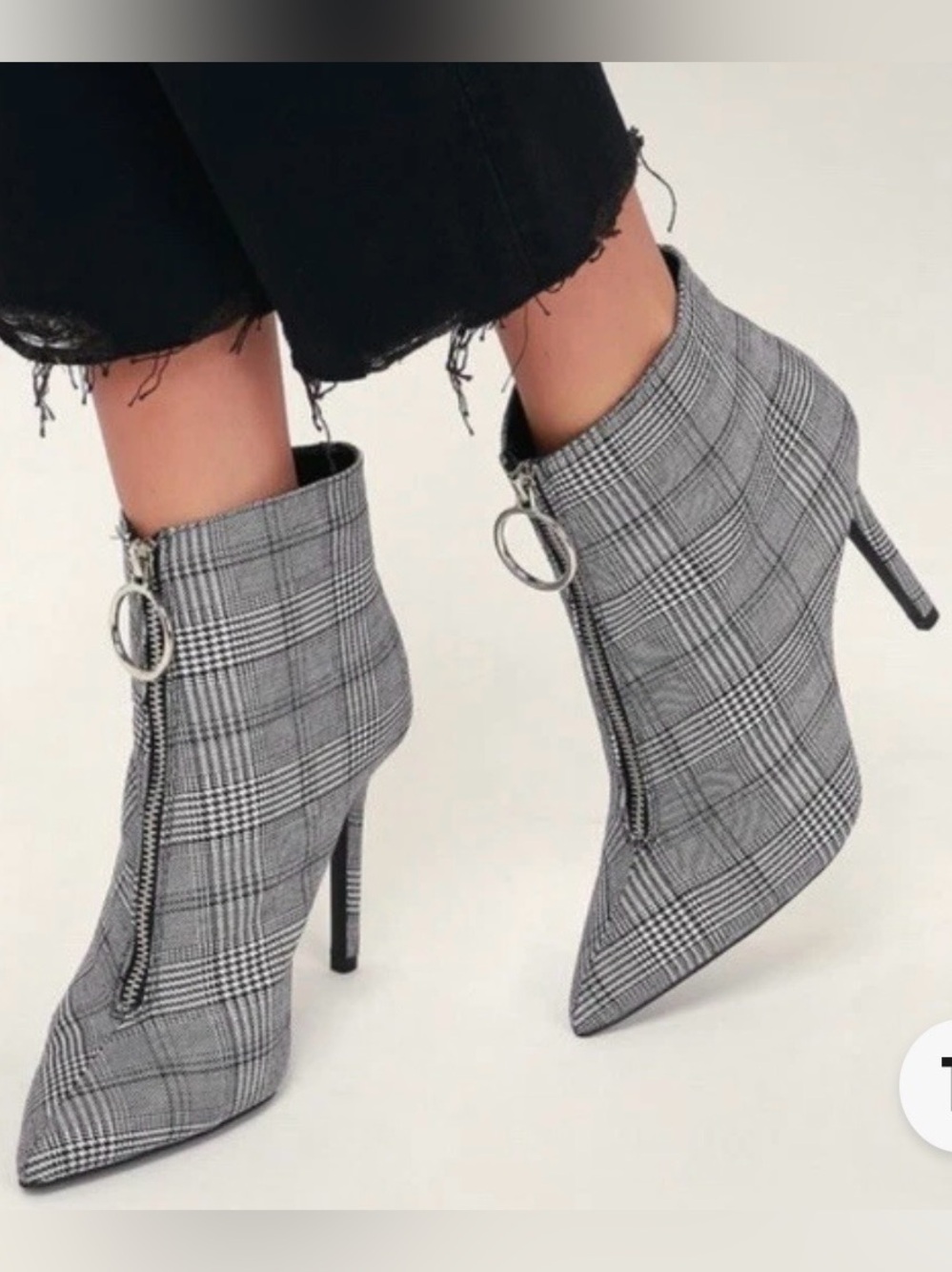 Qupid Plaid Pointed-Toe Stiletto Ankle Boots Black/White